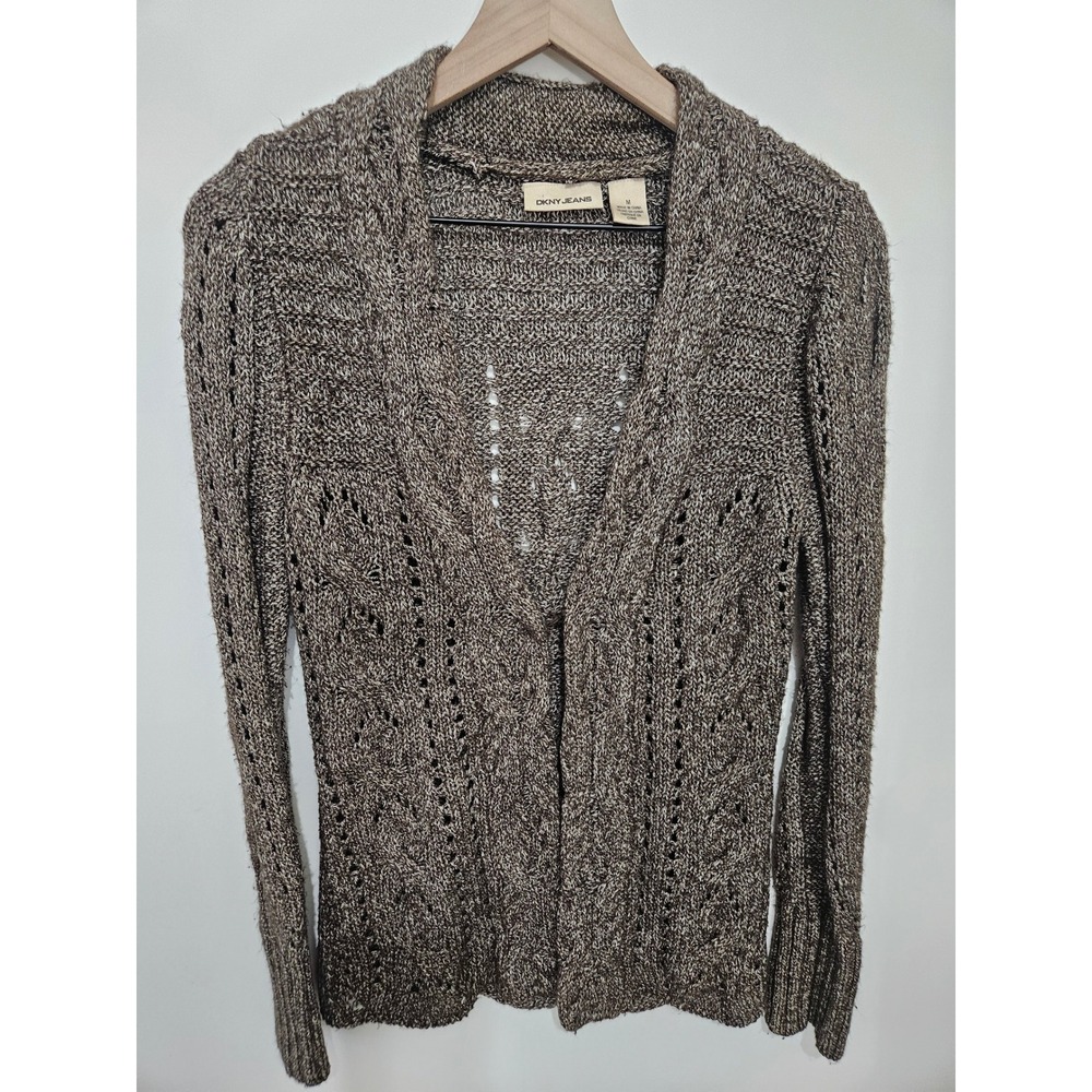 DKNY Jeans Brown Marled Pointelle Cable Knit Open Frnt Cardigan Sweater Womens M